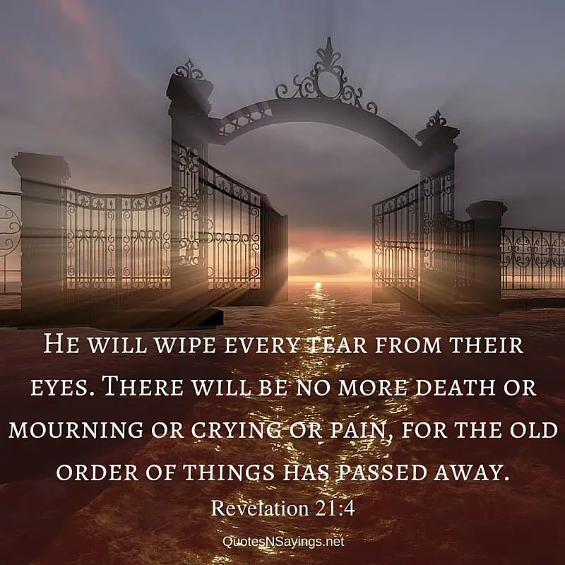 Bible scripture about death: He will wipe every tear from their eyes. There will be no more death or mourning or crying or pain, for the old order of things has passed away. - Revelation 21:4