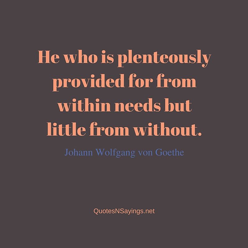 He who is plenteously provided for from within needs but little from without. ~ Johann Wolfgang von Goethe quote
