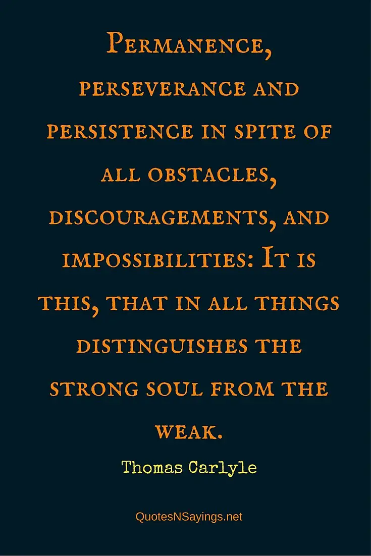Permanence, perseverance and persistence in spite of all obstacles, discouragements, and impossibilities: It is this, that in all things distinguishes the strong soul from the weak ~ Thomas Carlyle quote