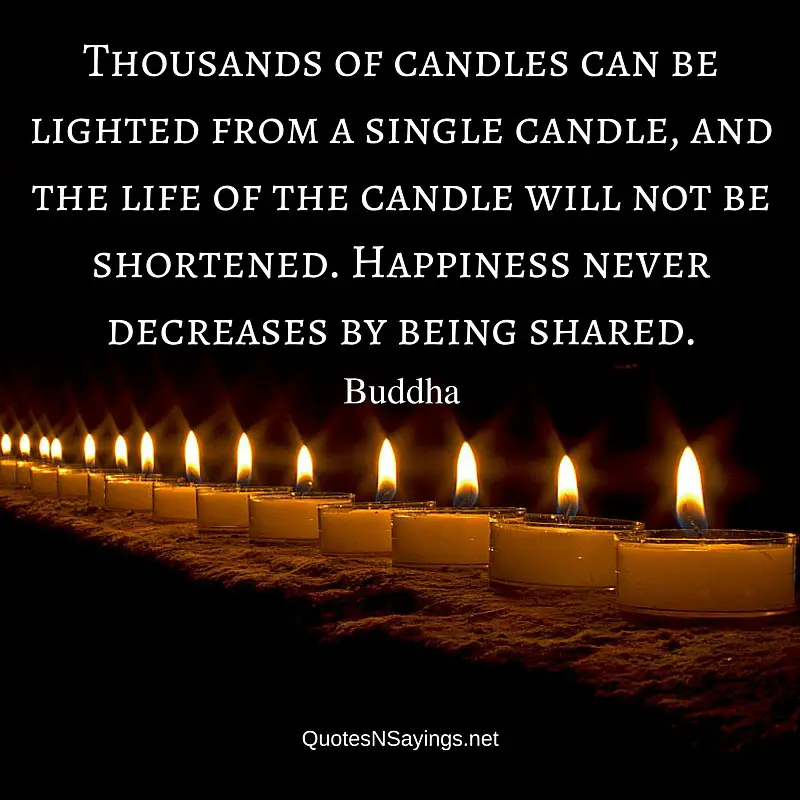 Thousands of candles can be lighted from a single candle, and the life of the candle will not be shortened. Happiness never decreases by being shared - Buddha quote about happiness