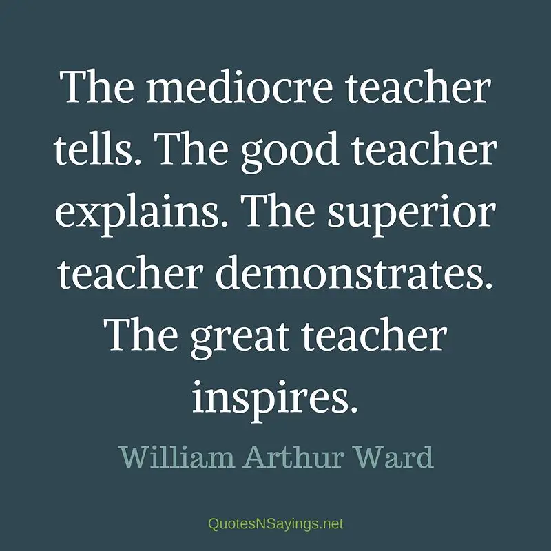 The mediocre teacher tells. The good teacher explains. The superior teacher demonstrates. The great teacher inspires. - William Arthur Ward quote